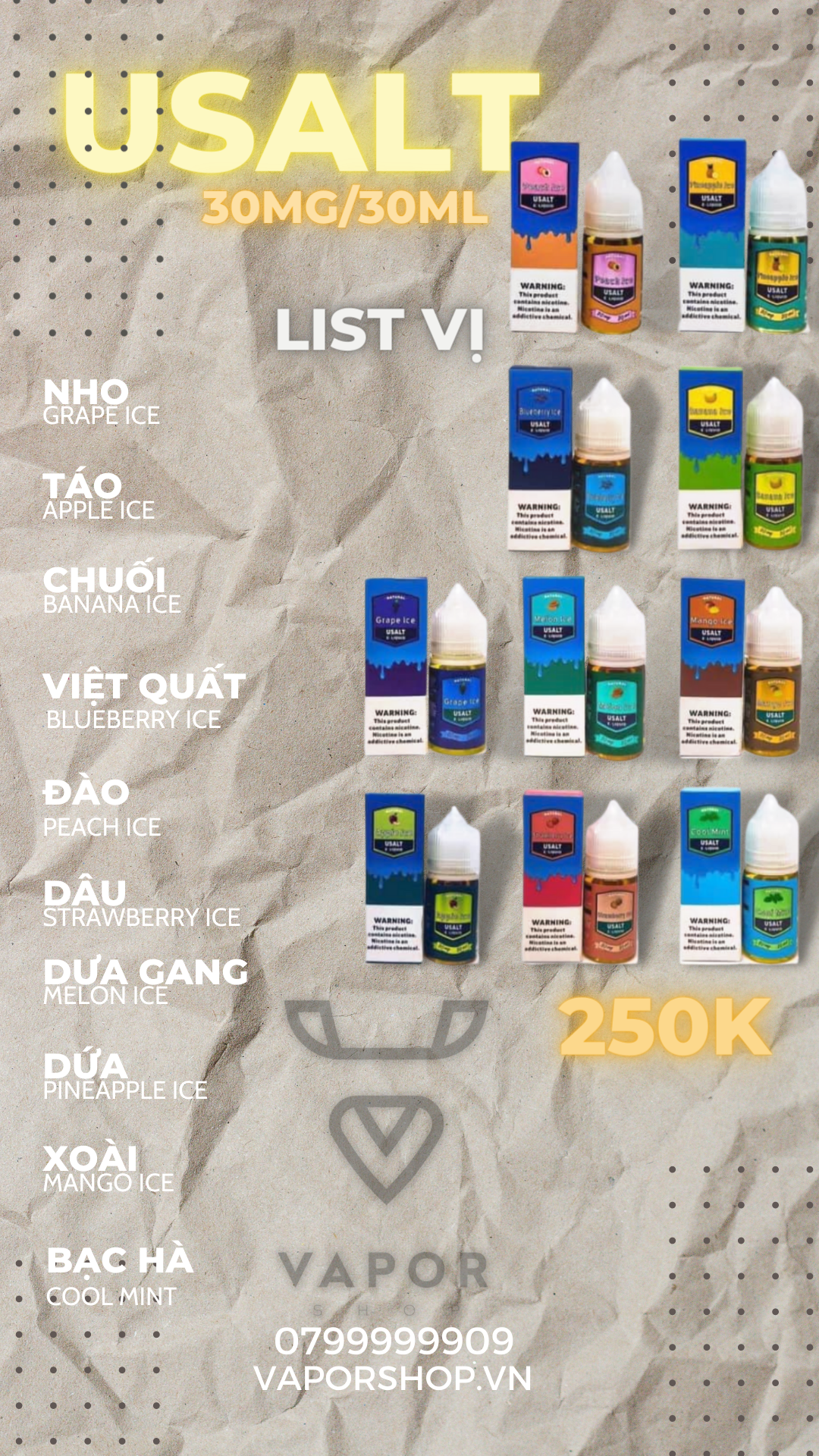 List mùi Top 10 Tinh dầu pod Usalt ELiquid Premium Salt-Nic 30ml đang được ưa chuộng nhất tại Vaporshop 