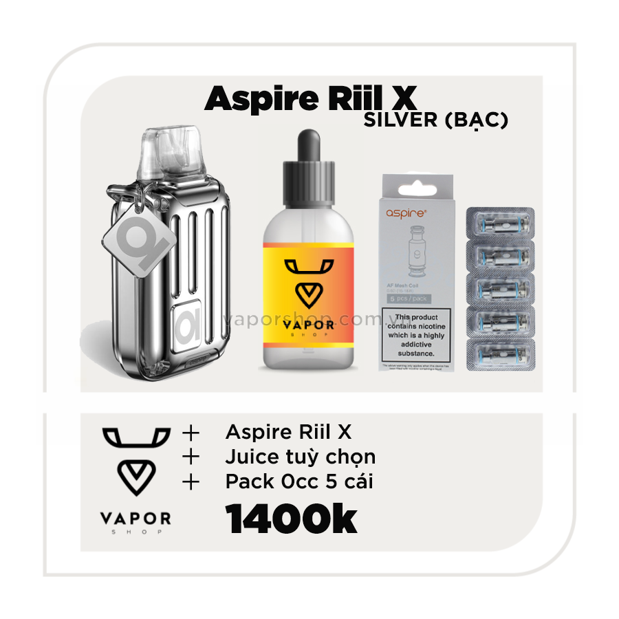 Aspire Riil X Pod Kit Silver + TINH DẦU TUỲ CHỌN + PACK COIL OCC (5PCS)
