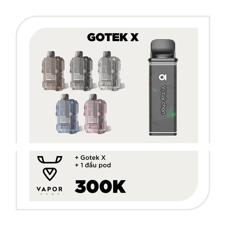 ASPIRE GOTEK S  Full Pod Kit + Tinh dầu salt nic 30ml tùy chọn + 1 Pack 2 đầu Pod Rỗng 0.8 ohm
