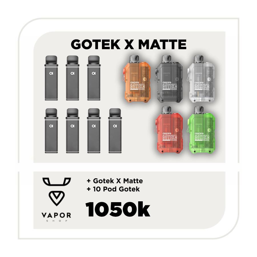 COMBO ASPIRE GOTEK X MATTE - Máy fullbox kèm đầu rỗng 0.8 Ohm + 10 pod vị tuỳ chọn