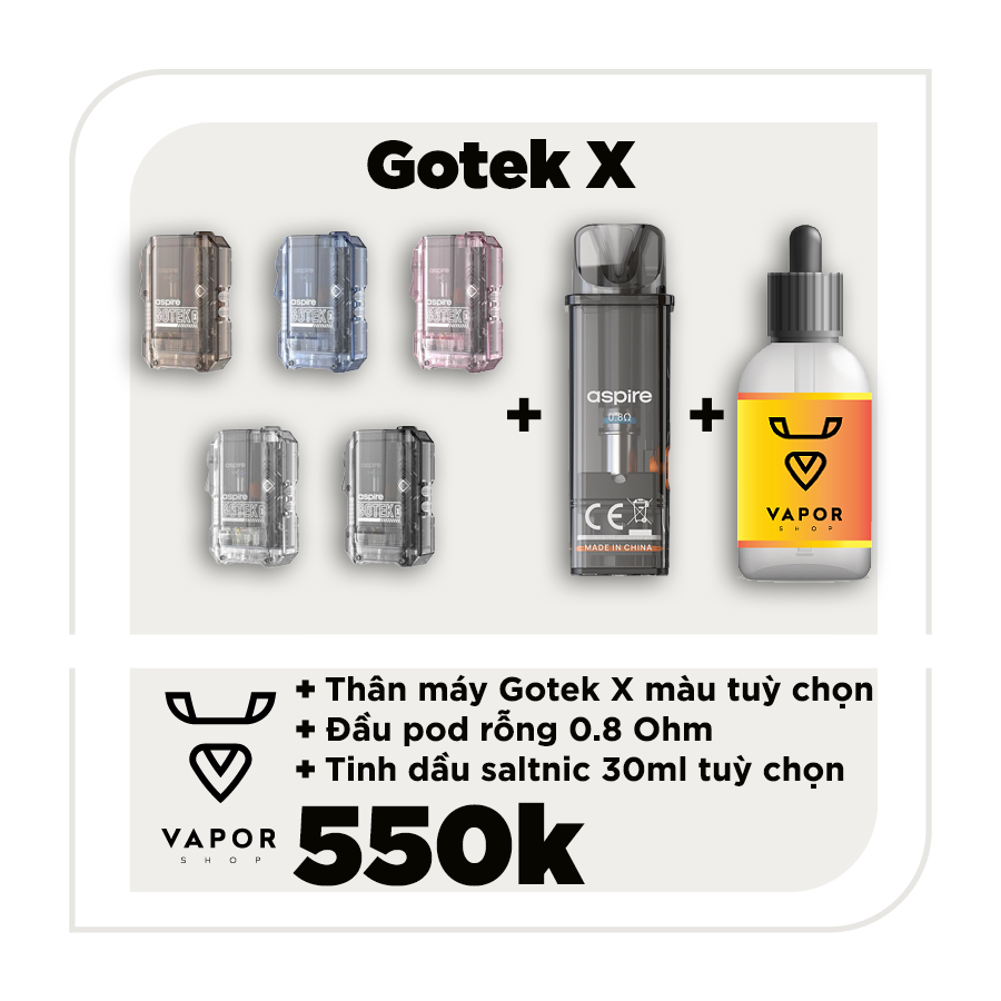 COMBO ASPIRE GOTEK S - Máy fullbox kèm pod rỗng + 2 pod rỗng + Tinh dầu saltnic tuỳ chọn